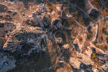 Aerial top view from drone Uchisar castle at sunset Cappadocia Turkey