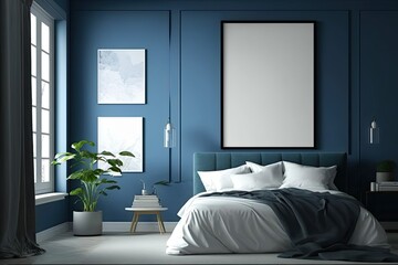 cozy bedroom with blue walls, a comfortable bed and a touch of nature. Generative AI