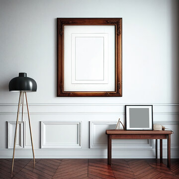 Hanging white blank photo frame generated by artificial intelligence