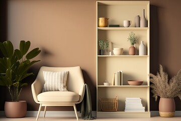 cozy living room with a chair, bookshelf, and potted plant. Generative AI