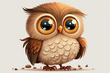Naklejka premium cute brown owl with big eyes sitting on the forest floor. Generative AI
