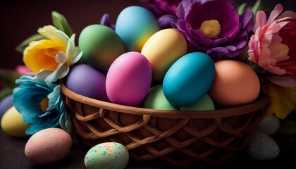 Fototapeta na wymiar Spring celebration colorful eggs in nature basket generated by AI