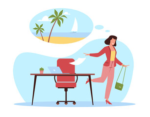 Obraz na płótnie Canvas Woman runs away from office with dreams of vacation to sea. Office interior. Dreaming character about summer beach vacation, woman with thought bubble. Cartoon flat illustration. Vector concept