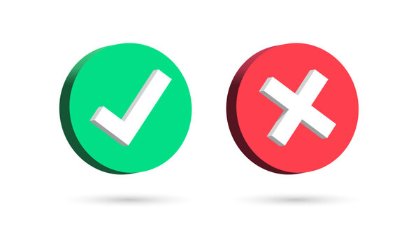 3d Check Mark Icon Set. Check Box Icon With Right And Wrong 3d Button And Yes Or No Checkmark Icons In Green Tick Box And Red Cross. Vector Illustration