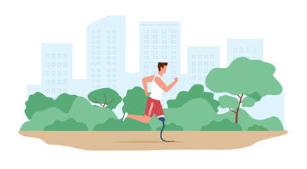 Young man with an amputated leg runs in city park in fresh air. Sportsman character with prosthetic legs jogging outdoors. Healthy lifestyle. Cartoon flat isolated illustration. Vector concept