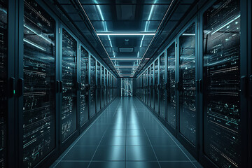 data network, corridor in working data center, full of racks