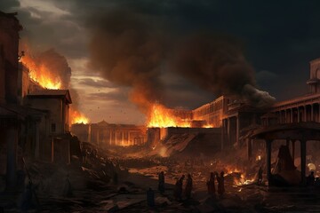 Haunting digital illustration of the Great Fire of Rome, set by Emperor Nero, depicting devastation and the desperate struggle of its people. generative ai