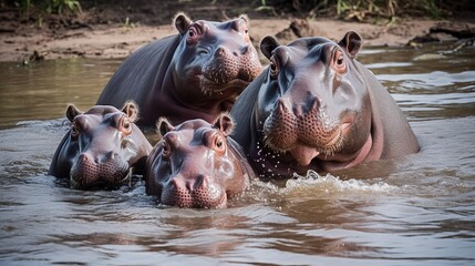 Playful Hippopotamus Family