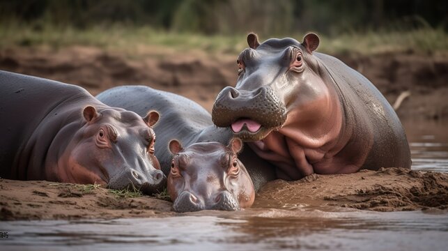 Playful Hippopotamus Family