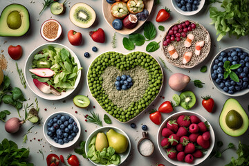 Various types of healthy food are in different heart-shaped plates. Generative Ai.