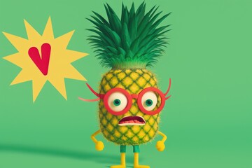 Fototapeta premium pineapple wearing glasses and a heart on a green background. Generative AI
