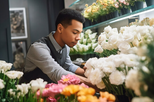 man concentrating on his work in a florist's shop. generated with AI