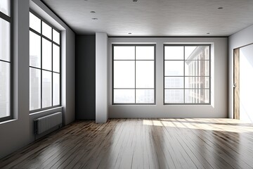 an empty minimalist room with natural light and wooden floors. Generative AI