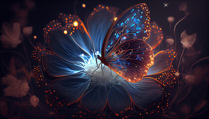 Butterfly illustration with shining flower. Generative AI.