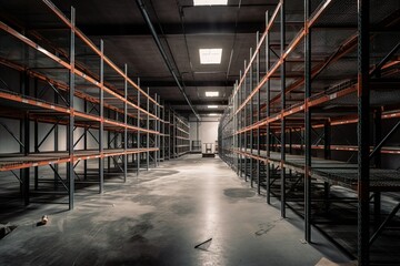 Obraz premium empty warehouse with empty racks, generative ai