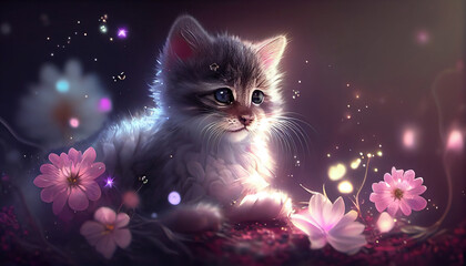 Cat illustration with shining flower. Generative AI.