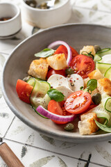 Traditional italian tomato salad panzanella with mozzarella, capers, red onion, croutons, cucumbers and basil. Summer salad on printed tile background