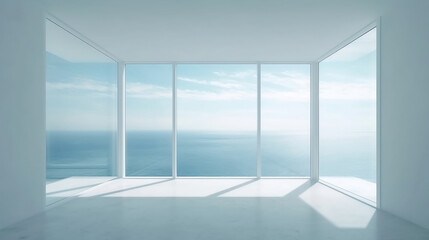 Fototapeta premium A white room with a wide view of the sea, made with Generative Ai
