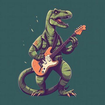 
Dinosaur playing rock music on electric bass guitar. Generative AI
