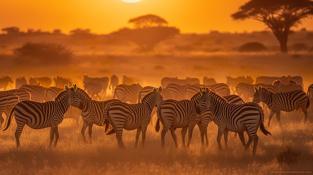 Zebra herd at sunset