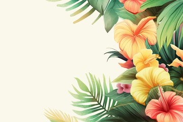 Tropical watercolor plants and flowers, summer holiday banner
