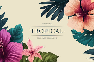 Tropical watercolor plants and flowers, summer holiday banner