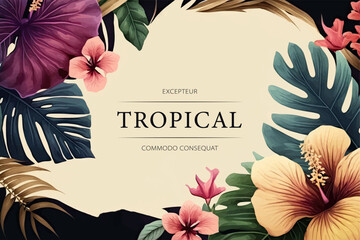 Tropical watercolor plants and flowers, summer holiday banner © Rimsky