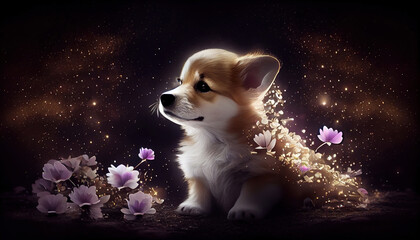 Dog illustration with shining flower. Generative AI.