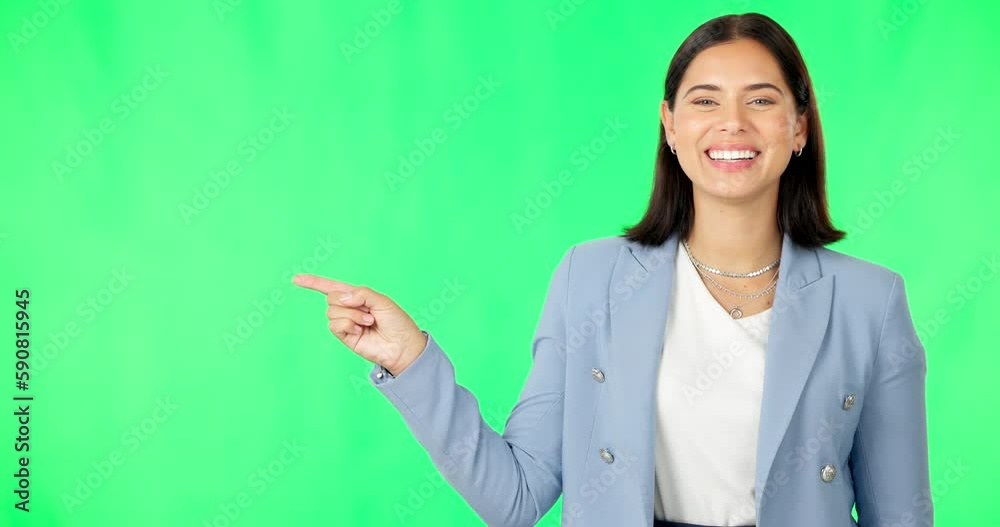 Canvas Prints Business woman, face and pointing with green screen, list or review option by studio background. Happy businesswoman, point and portrait with mock up space for menu, checklist or decision by backdrop