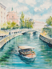  The Triple Bridge or Tromostovje over the Ljubljanici River in central Ljubljana. Picture painted with watercolors.