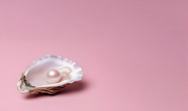 oyster shell with pearl representing vulva, femininity, on pink background with copy space, made with generative ai