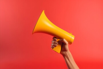 yellow megaphone held against red background, made with generative ai