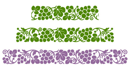 Set of border with patterns of vine, ripe grape and leaves. Seamless pattern, decoration and ornament with corner elements. Vector illustration