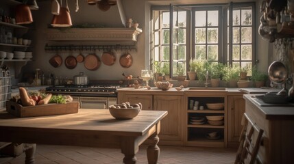 Fototapeta na wymiar Modern Interior Designer Kitchen with Natural Lighting and Wide-Angle Shot. Generative AI