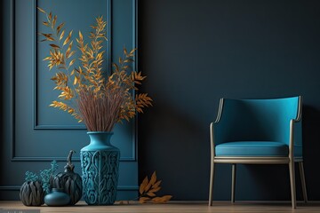 Blue Chair and Vase on Wooden Floor. Generative AI