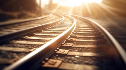 Naklejka na ściany i meble train railway illustration background with sunset, generative ai