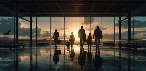 Family silhouette at the airport, generative ai