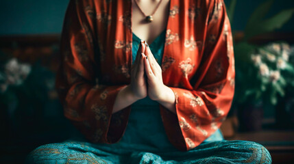 Close up of woman's hands in meditation sitting in lotus position