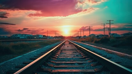 Fototapeta na wymiar train railway illustration background with sunset, generative ai
