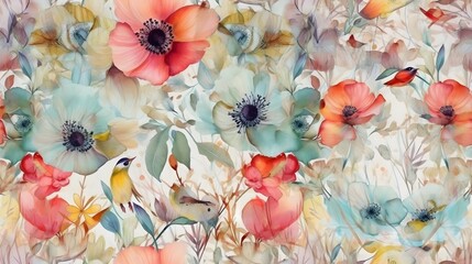 Boho poppies watercolor art and soft vibrant colors with light background, tile. Generative AI