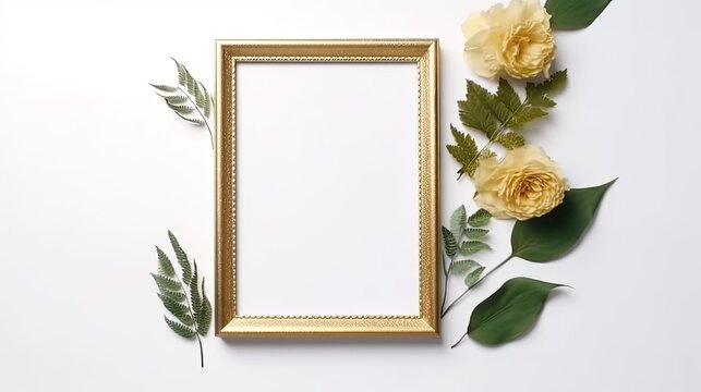 Simple gold picture frame mockup on a white background with greenery and flowers created with generative AI technology