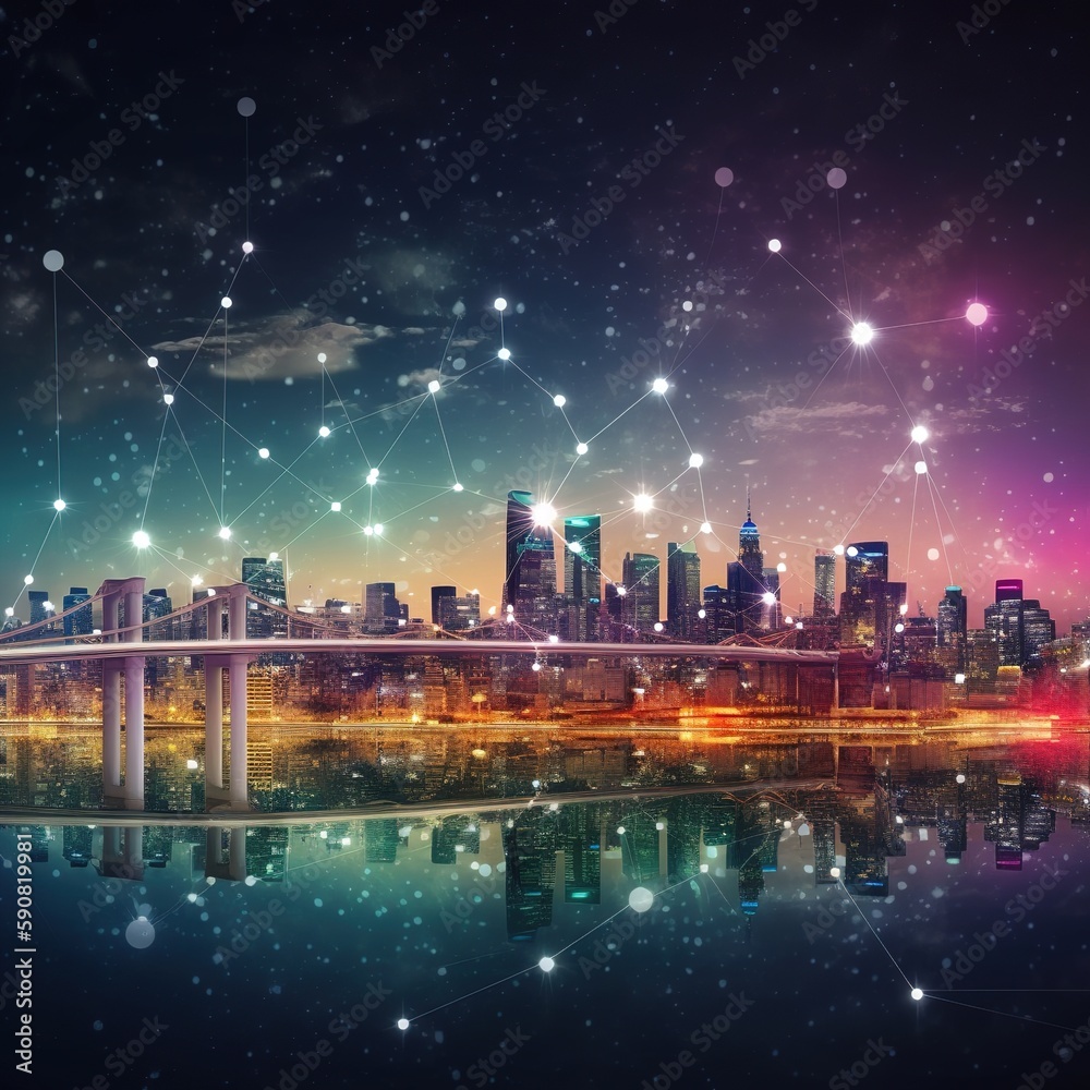 Poster smart city and abstract dot point connect with gradient line and aesthetic intricate wave line desig