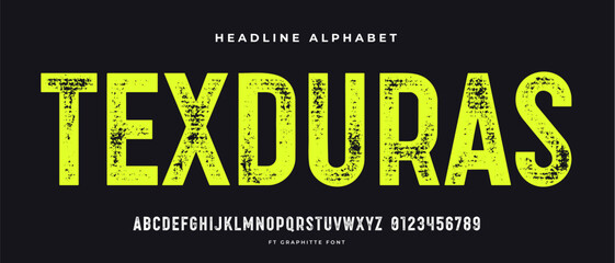 Headline alphabet and font. Bold aged, rough fat uppercase letters with grunge texture. Creative hand-drawn textured font, design, typographic, poster. Grunge scratches alphabet. Vector Illustration - 590820357