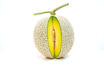 Green melon with white tag on white background. Fruit and nature food background