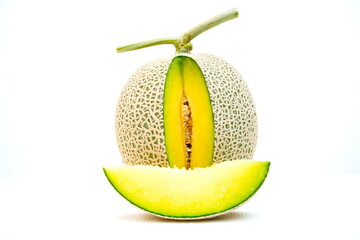 Green melon with white tag on white background. Fruit and nature food background