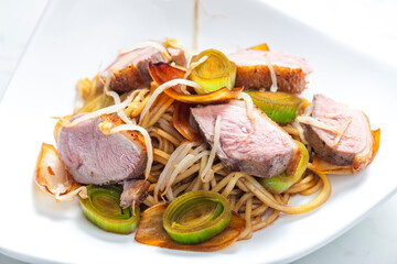 slices of duck breast with noodles, vegetables and bamboo shoots