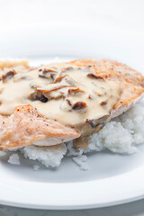 poultry meat with mushroom sauce and rice