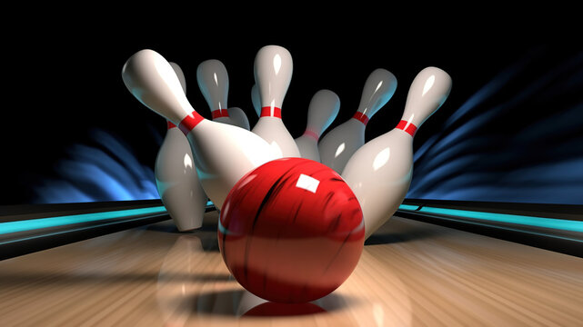 Picture of bowling ball hitting pins scoring a strike. Bowling background. Bowling 3D Rendering.	
