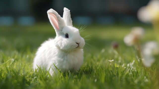 Furry white  rabbit sitting on bright green grass meadow during spring or summer time 