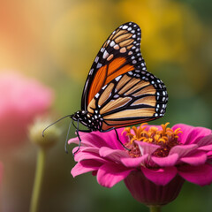 Monarch Butterfly on Pink Flower: Close-up with Blurred Green Background- Created with generative AI